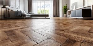 Wood and laminate floor samples beside a measuring tape and flooring tools in a bright home interior.