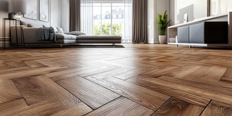 Wood and laminate floor samples beside a measuring tape and flooring tools in a bright home interior.
