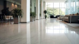 A homeowner compares flooring samples beside a kitchen, hallway, and carpeted bedroom.