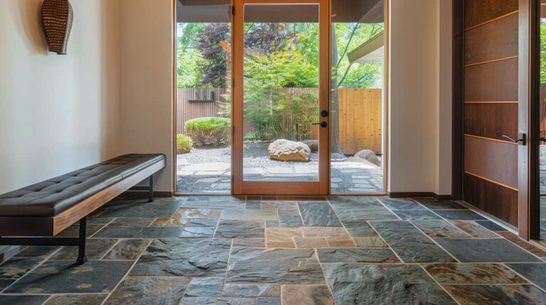 Warm wood flooring in a bright home entryway with boots, woven mats, and natural furnishings.